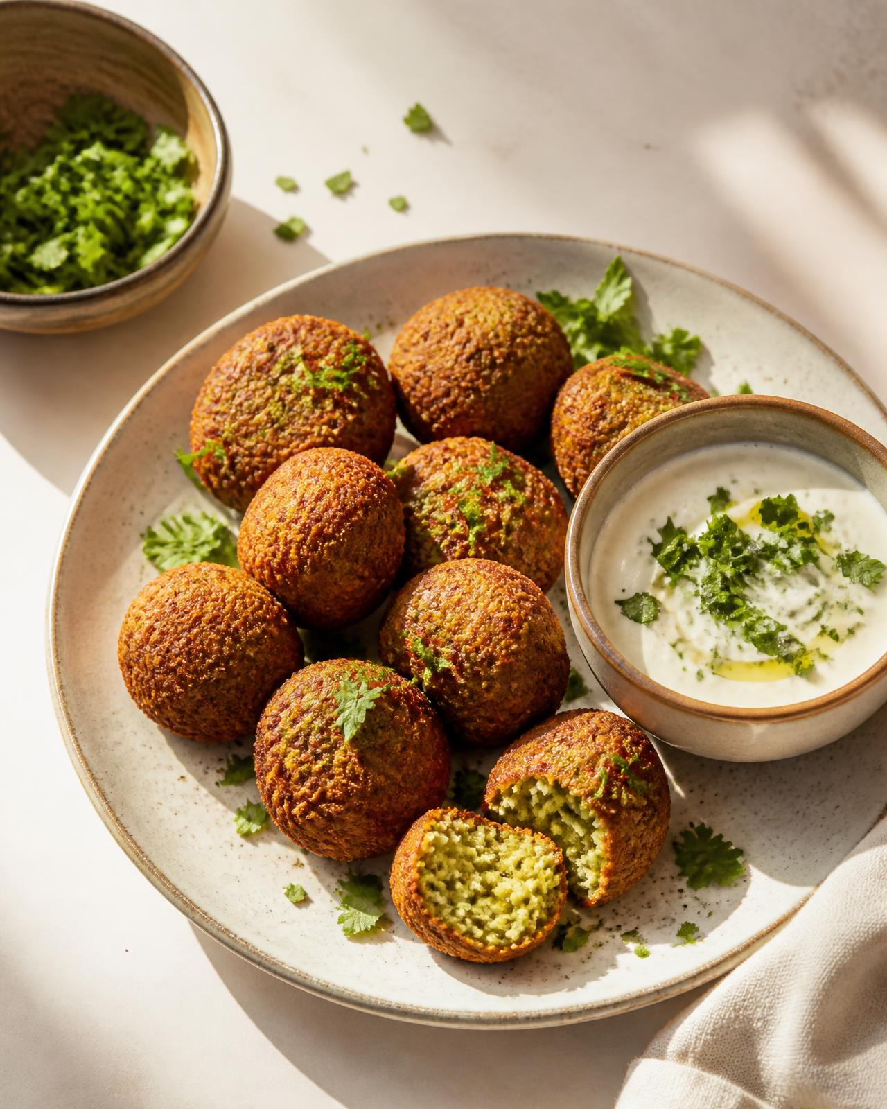 Falafel recién frito con salsa tarator