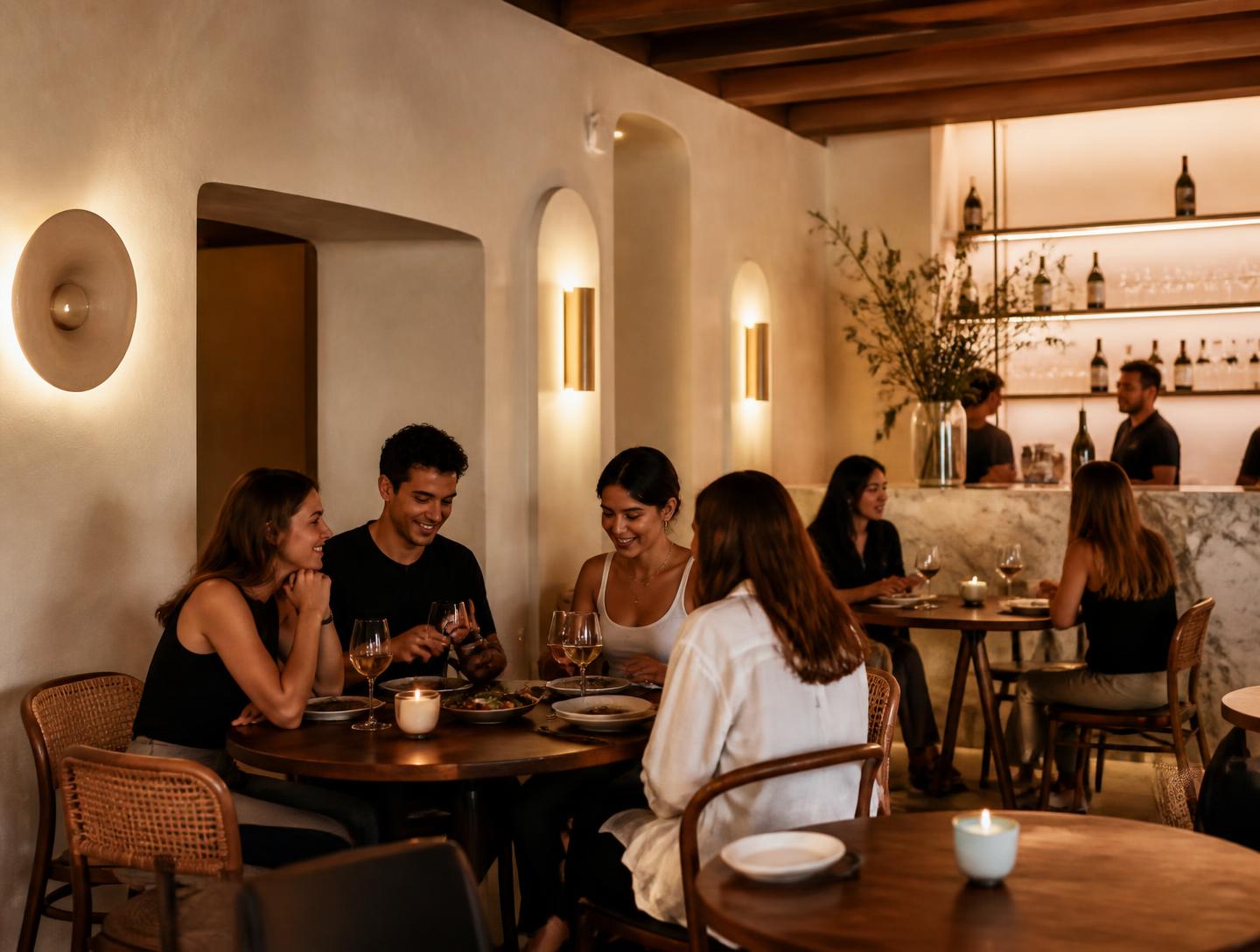 Interior del restaurante con luz cálida y mesas ocupadas