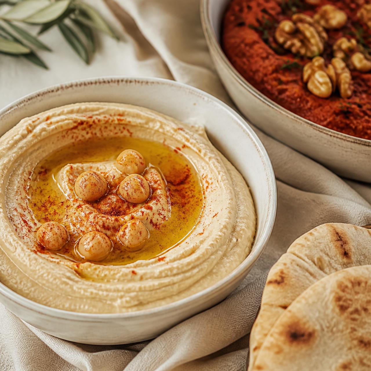 Hummus con aceite de oliva y pan libanés