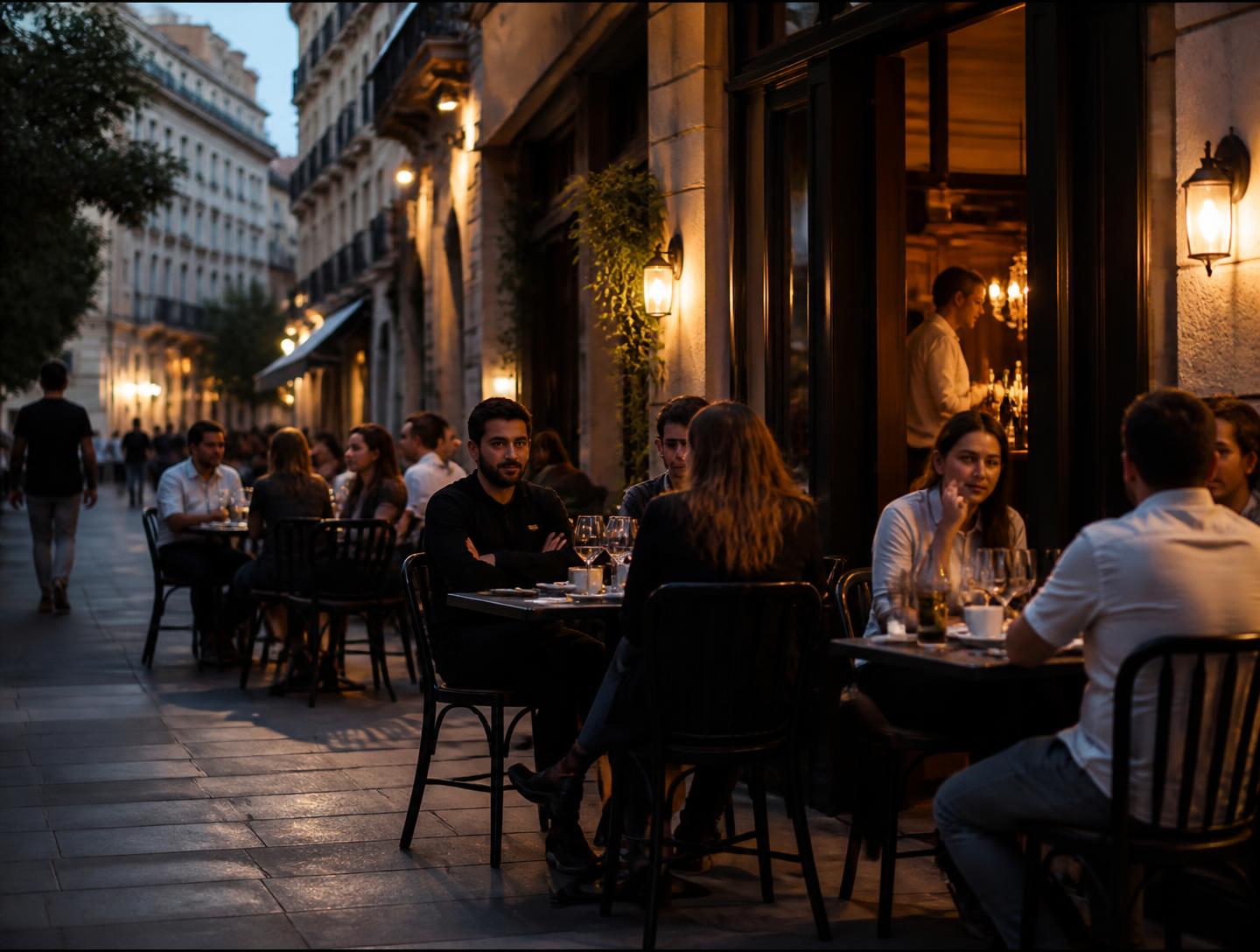 Terraza con mesas en una calle de Madrid al anochecer