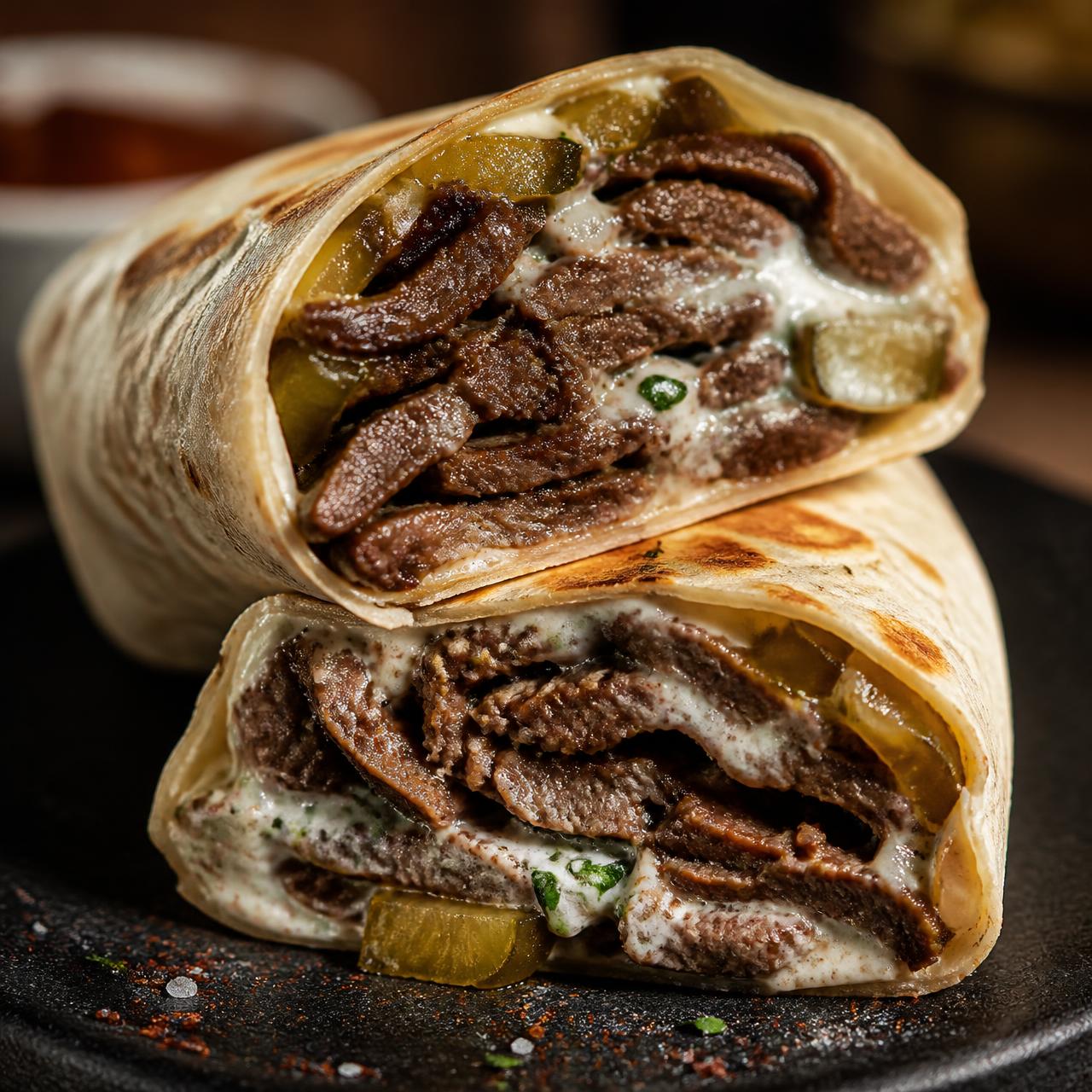 Wrap de shawarma de ternera cortado